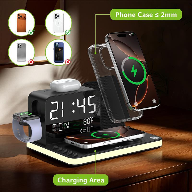 Acer 7 in 1 Wireless Charging Station with LED Night Light, Bluetooth Time Sync Clock & Temperature Display, USB-A & USB-C Ports – Compatible with Iphone, Android, Apple Watch & Airpods, Perfect Gift