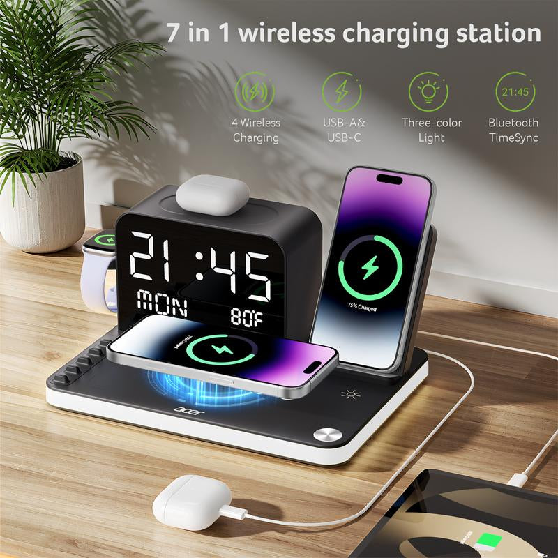 Acer 7 in 1 Wireless Charging Station with LED Night Light, Bluetooth Time Sync Clock & Temperature Display, USB-A & USB-C Ports – Compatible with Iphone, Android, Apple Watch & Airpods, Perfect Gift
