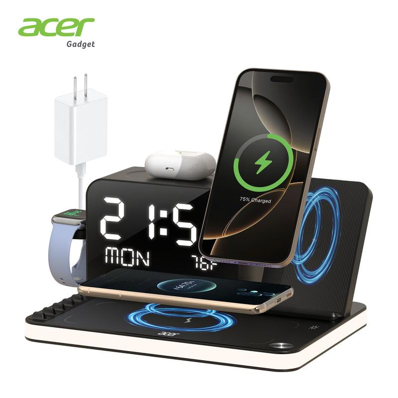 Acer 7 in 1 Wireless Charging Station with LED Night Light, Bluetooth Time Sync Clock & Temperature Display, USB-A & USB-C Ports – Compatible with Iphone, Android, Apple Watch & Airpods, Perfect Gift