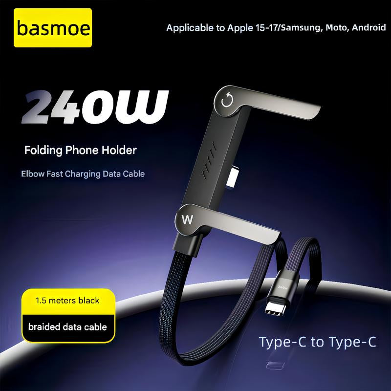 Experience Ultimate Convenience with the Basemo Invisible Holder Charger Cable: 240W Super Fast Charging & Stand for iPhone, Samsung, and Type-C Devices