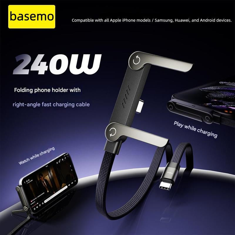 Experience Ultimate Convenience with the Basemo Invisible Holder Charger Cable: 240W Super Fast Charging & Stand for iPhone, Samsung, and Type-C Devices