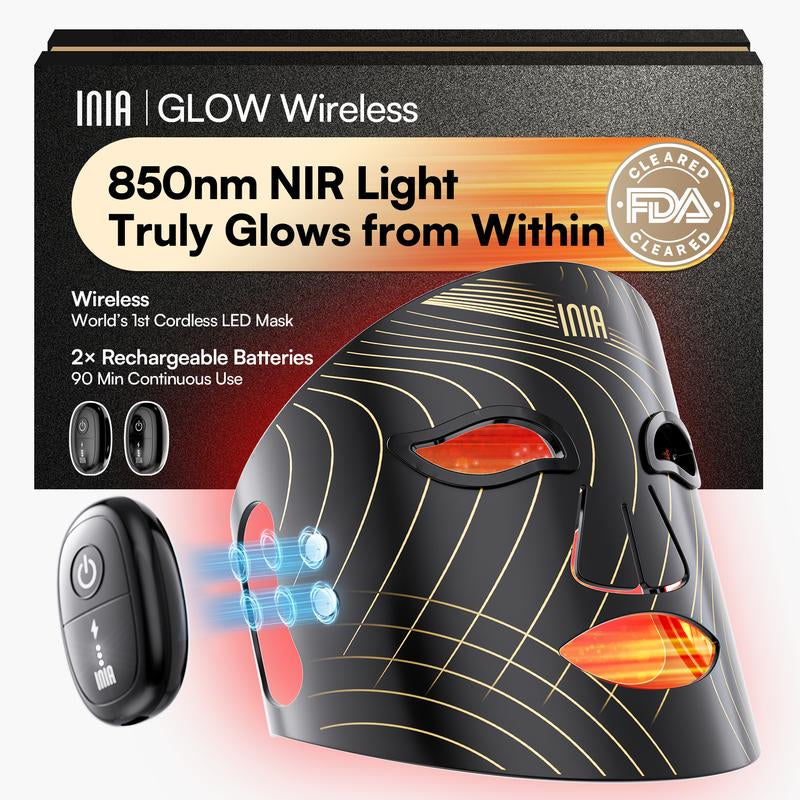 INIA GLOW Wireless LED Face Mask - Rechargeable Red Light Therapy for Radiant Skin, Perfect for Home or Travel, 2-Year Warranty, Ideal Gift for Any Occasion